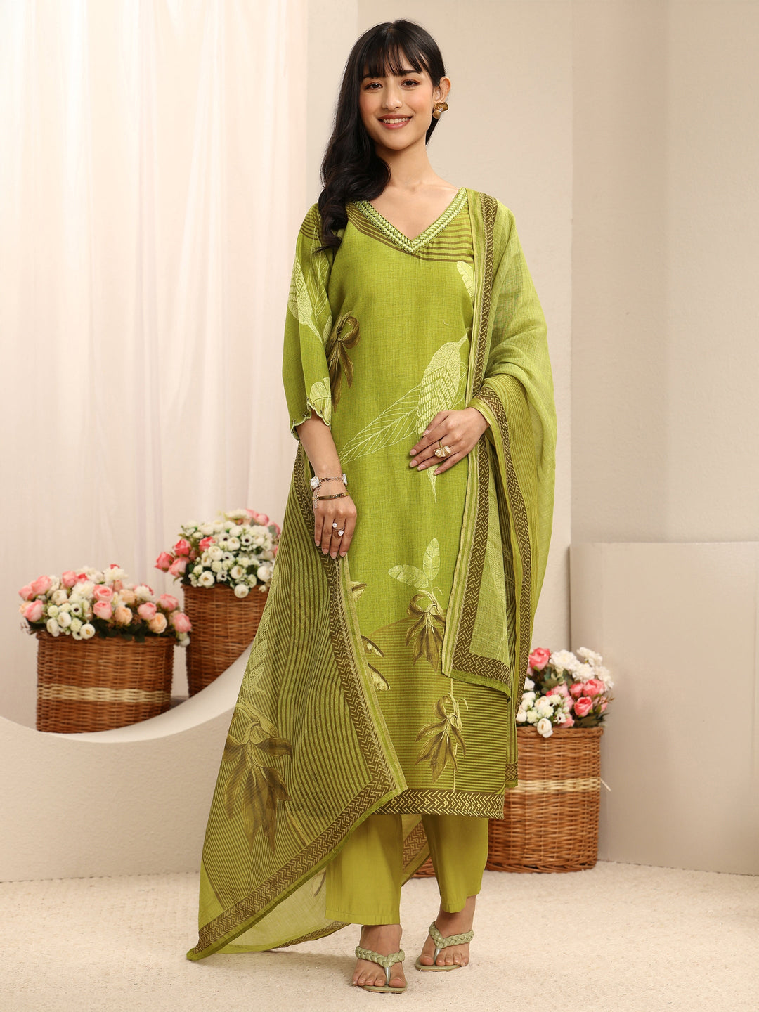  Green Floral Printed Linen Straight Suit Set With Dupatta 