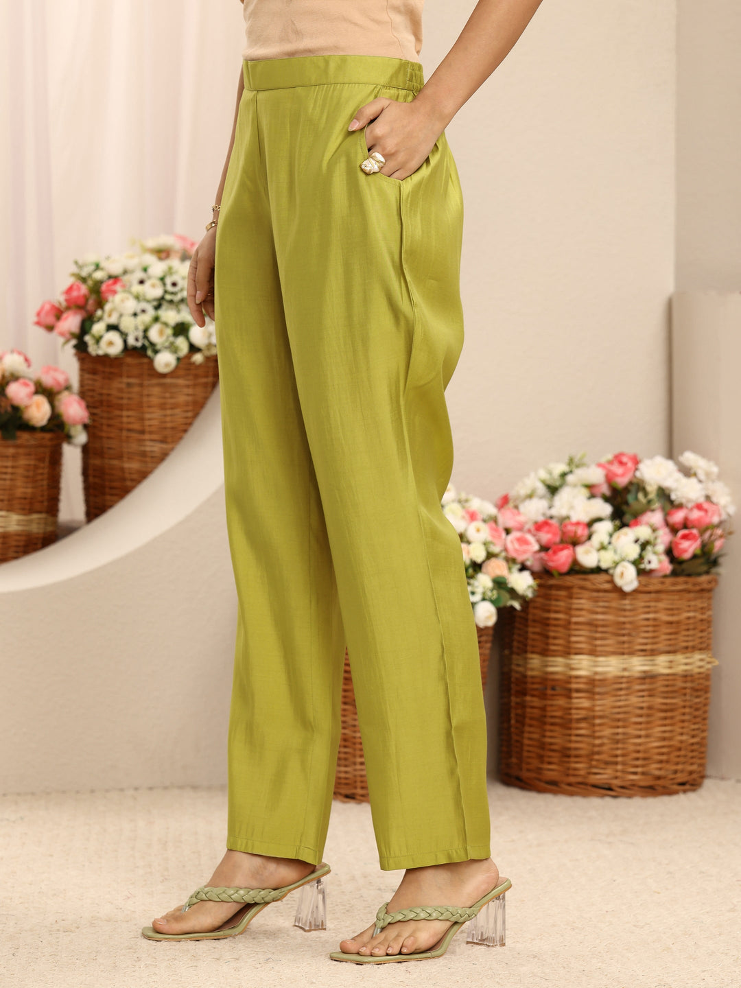  Green Floral Printed Linen Straight Suit Set With Dupatta 