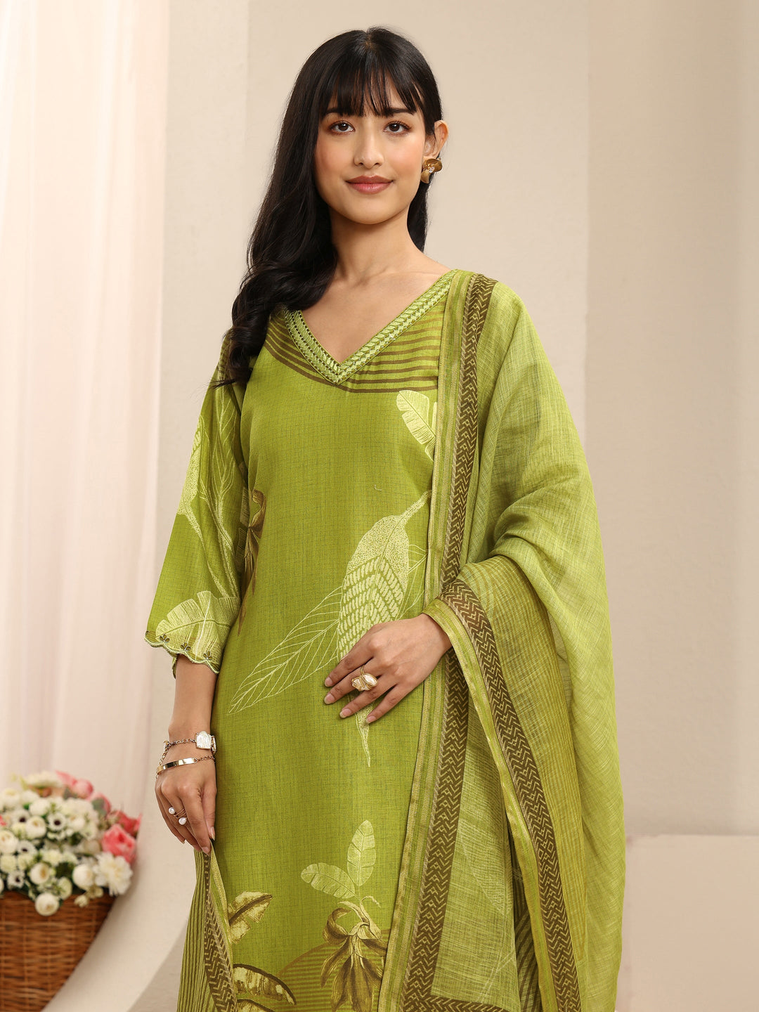  Green Floral Printed Linen Straight Suit Set With Dupatta 