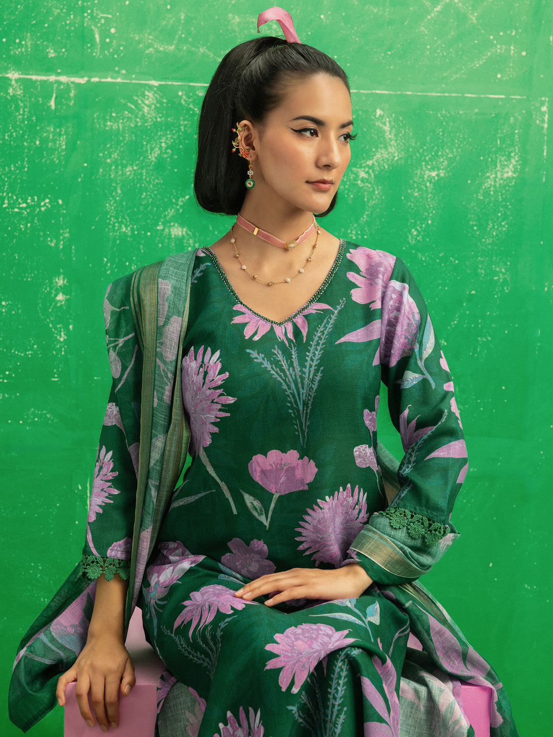 Amelia Green Printed Linen Straight Suit Set With Dupatta