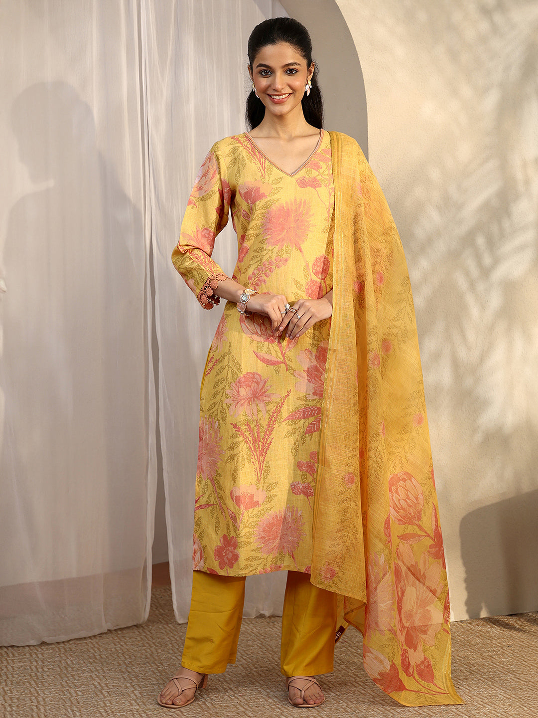 libas Mustard Printed Linen Straight Suit Set With Dupatta-picture-50