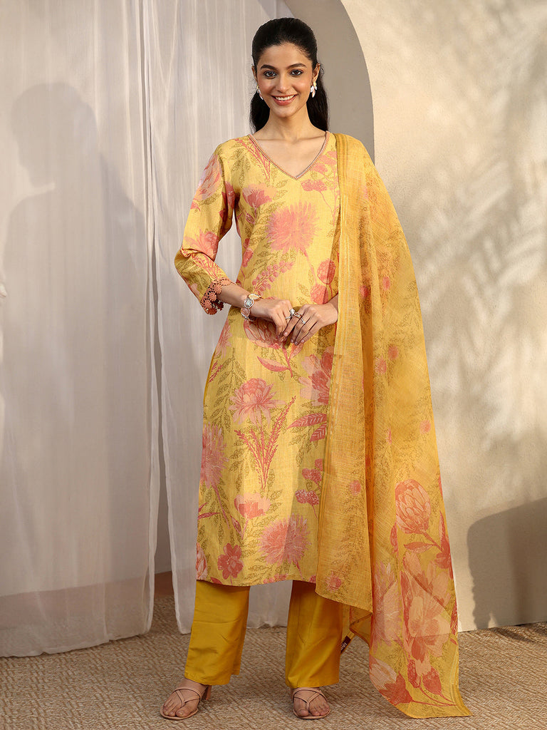 Libas Mustard Printed Linen Straight Suit Set With Dupatta