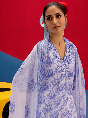 Mabel White Printed Kota Straight Suit Set With Dupatta