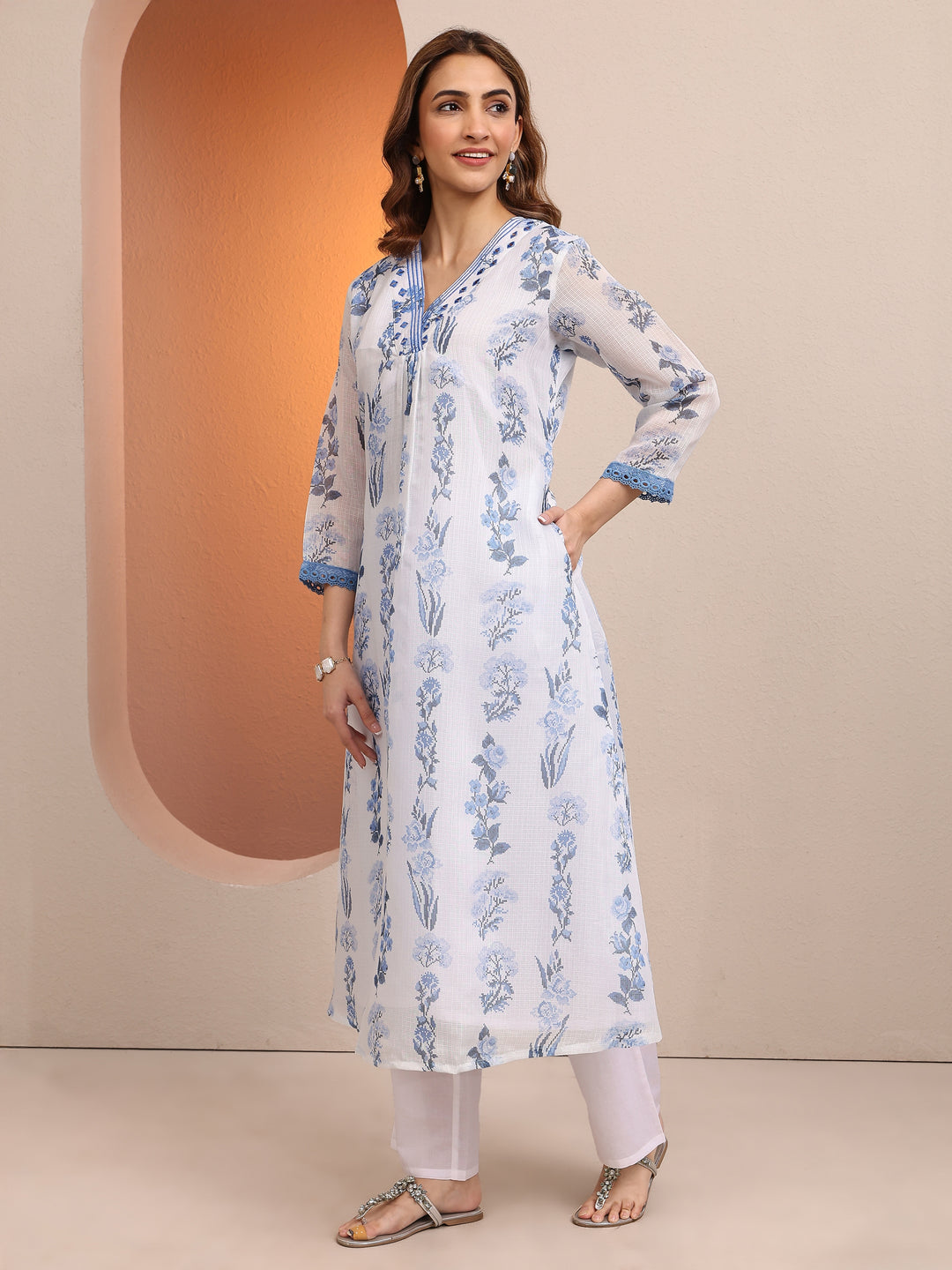  White Printed Kota Straight Suit Set With Dupatta 