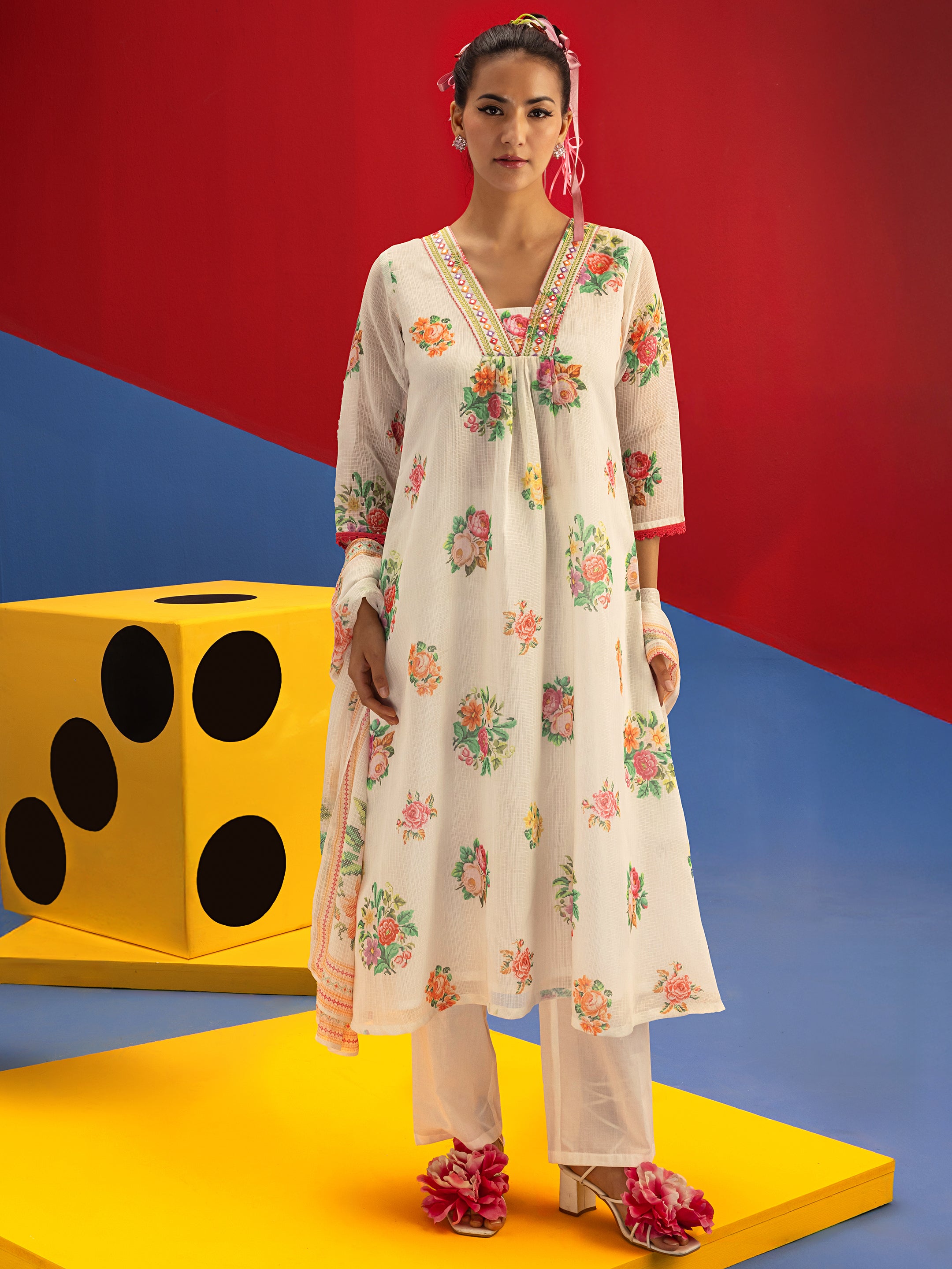 White Printed Kota A-Line Suit Set With Dupatta-image-40