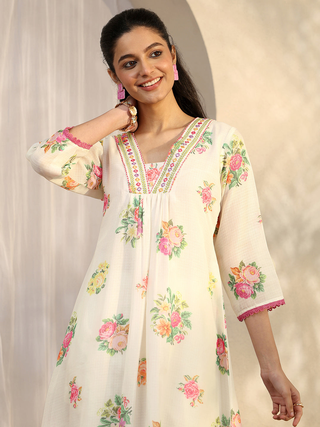  White Printed Kota A-Line Suit Set With Dupatta 