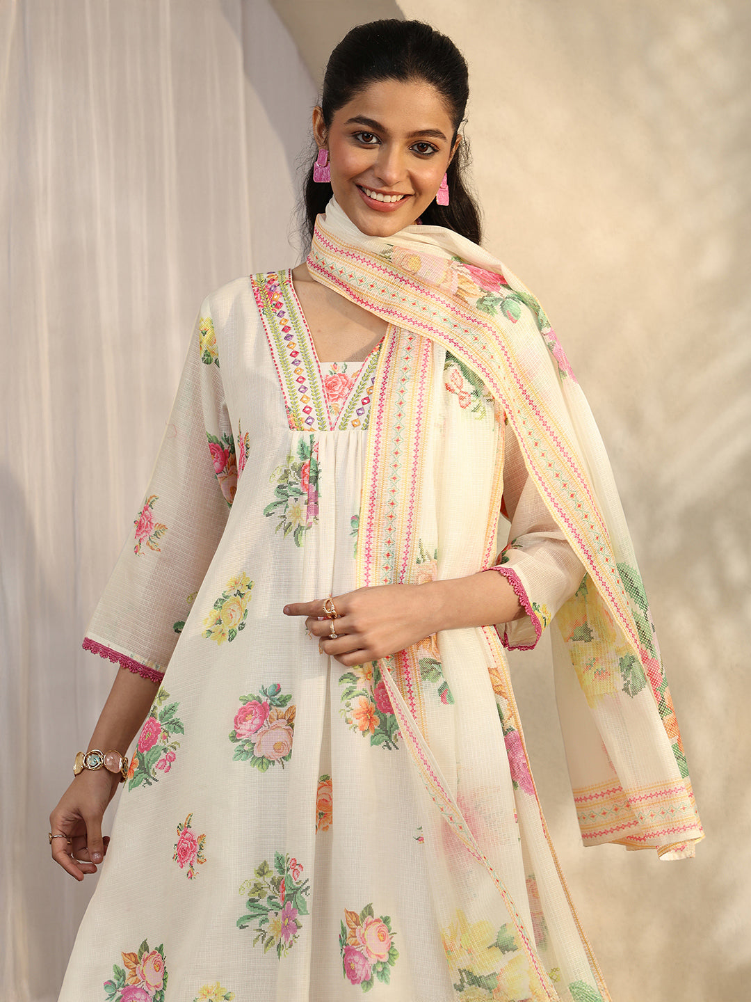  White Printed Kota A-Line Suit Set With Dupatta 