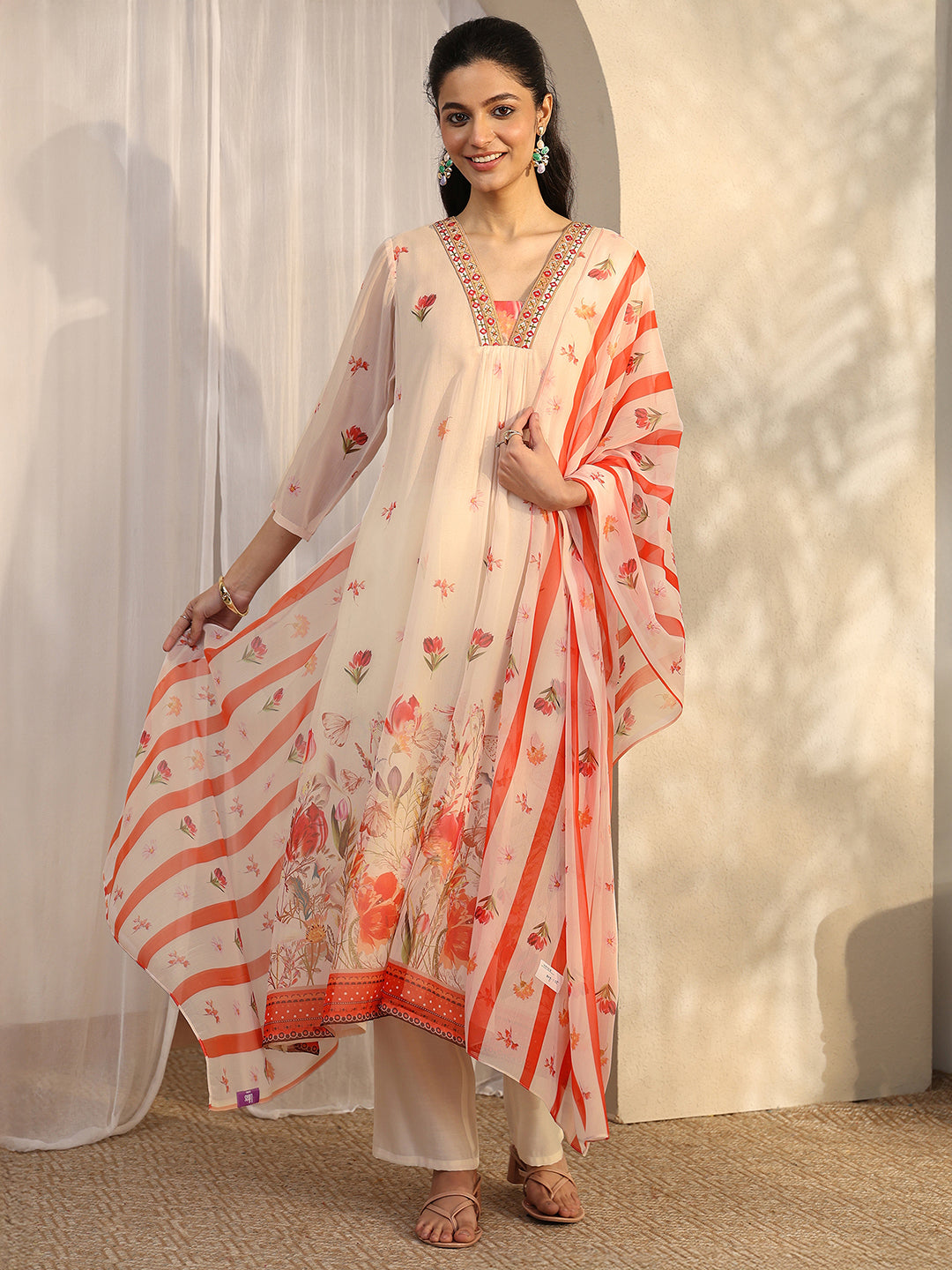 libas White Printed Chiffon Anarkali Suit Set With Dupatta-picture-24