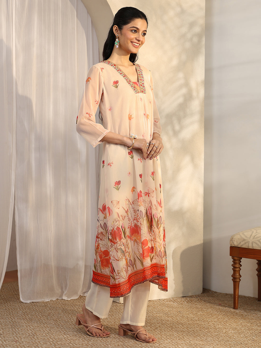  White Printed Chiffon Anarkali Suit Set With Dupatta 