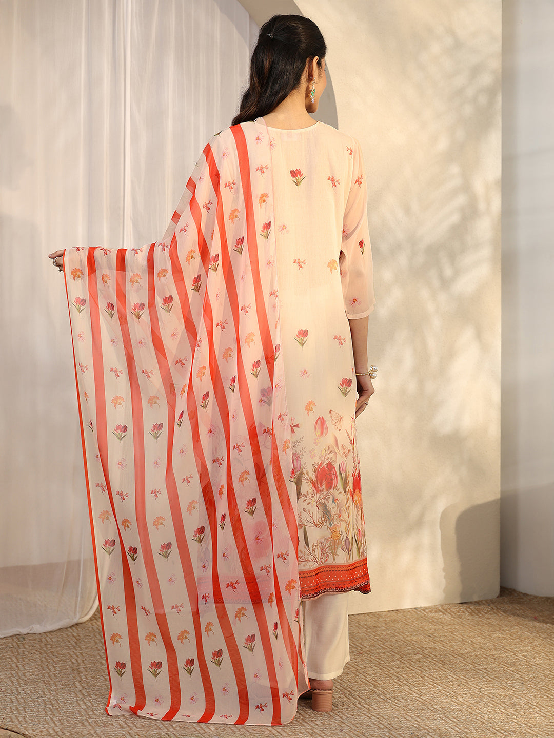  White Printed Chiffon Anarkali Suit Set With Dupatta 