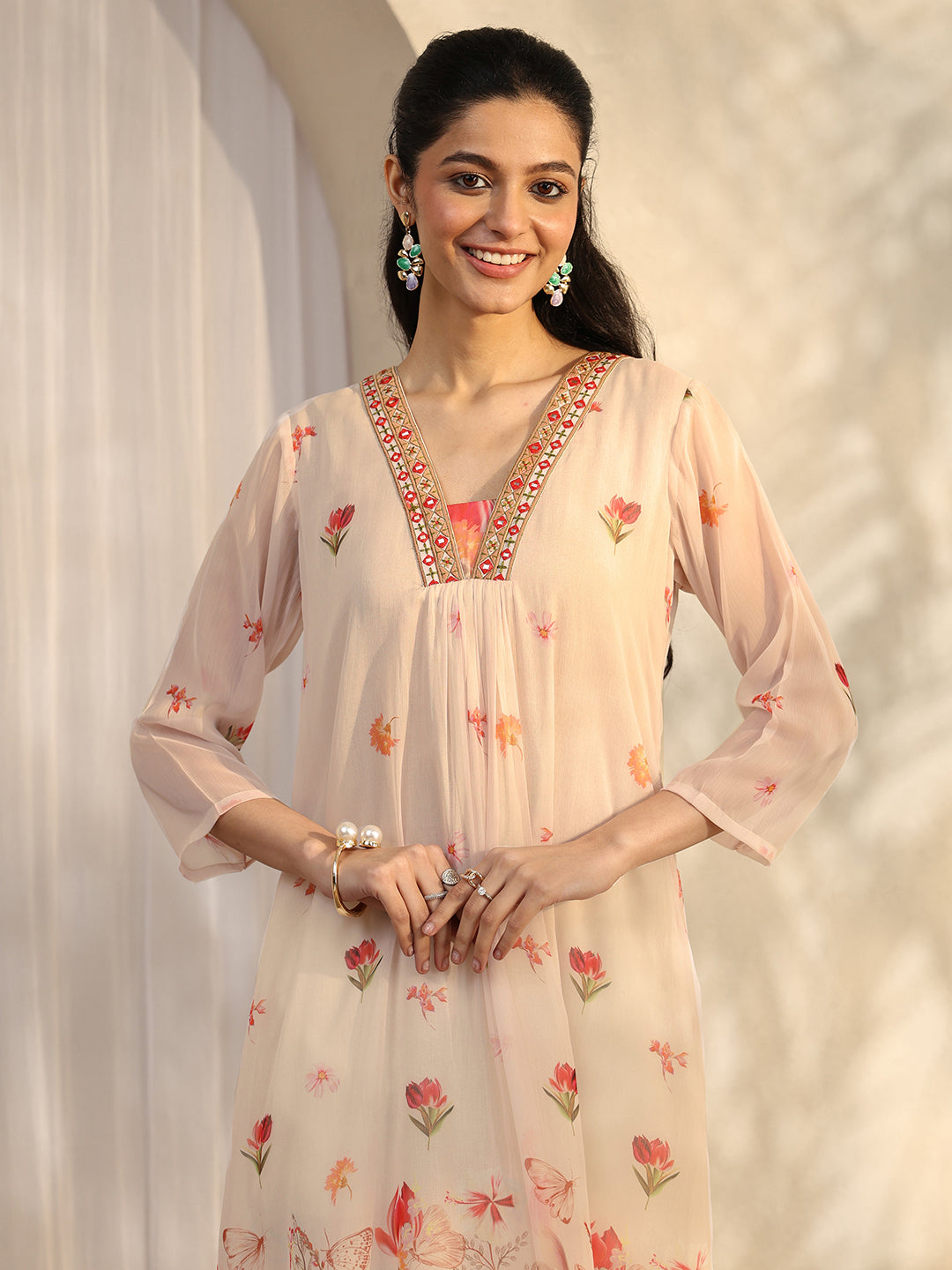  White Printed Chiffon Anarkali Suit Set With Dupatta 