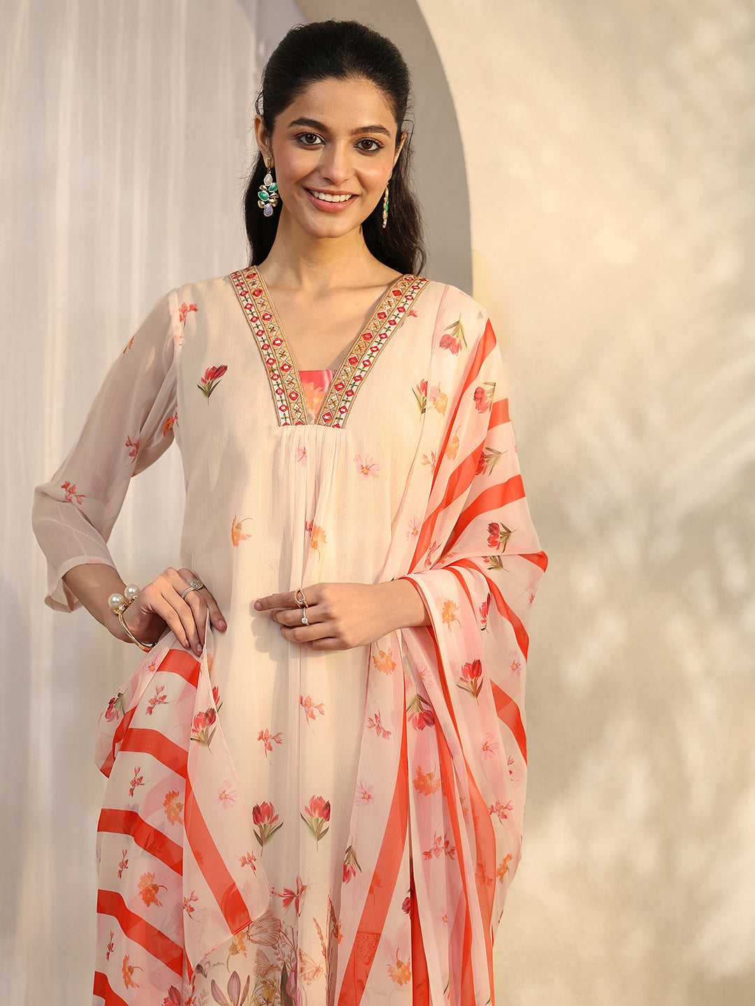  White Printed Chiffon Anarkali Suit Set With Dupatta 