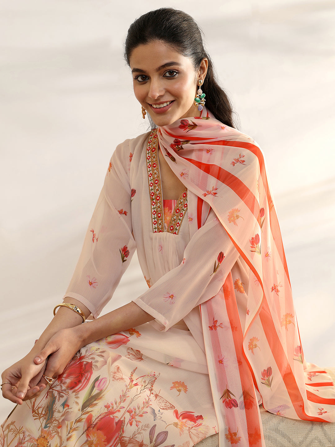  White Printed Chiffon Anarkali Suit Set With Dupatta 