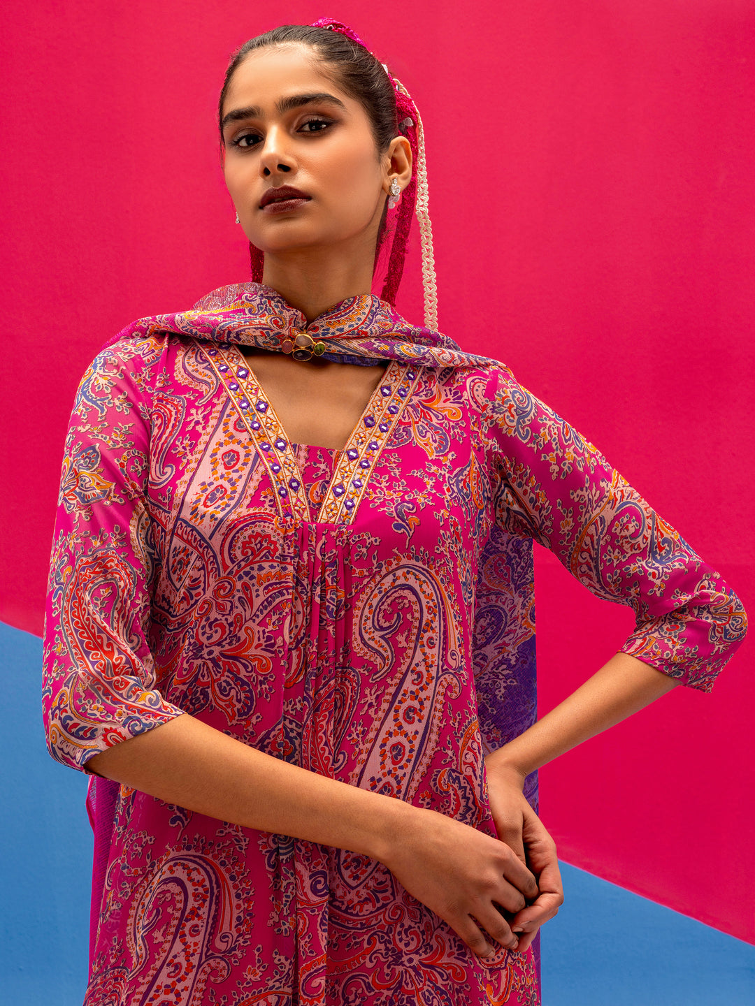  Pink Paisley Printed Chiffon A-Line Suit Set With Dupatta 