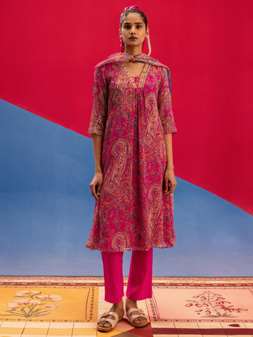 Libas Betty Pink Paisley Printed Chiffon A-Line Suit Set With Dupatta