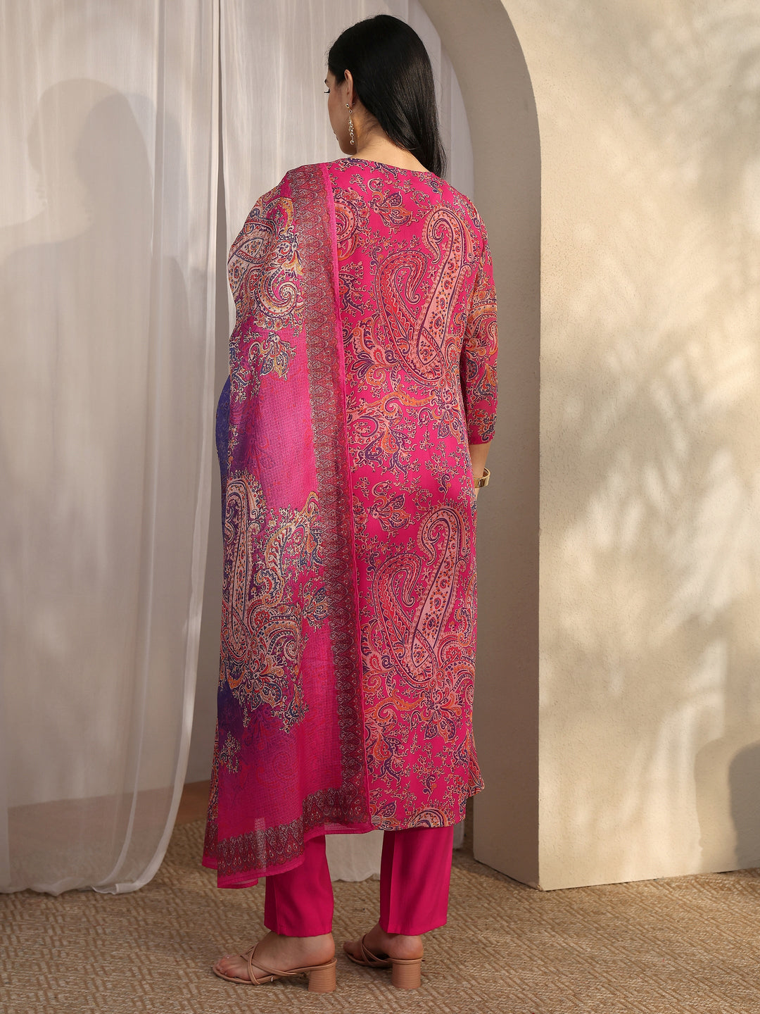  Pink Paisley Printed Chiffon A-Line Suit Set With Dupatta 