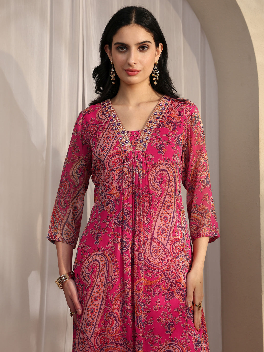  Pink Paisley Printed Chiffon A-Line Suit Set With Dupatta 