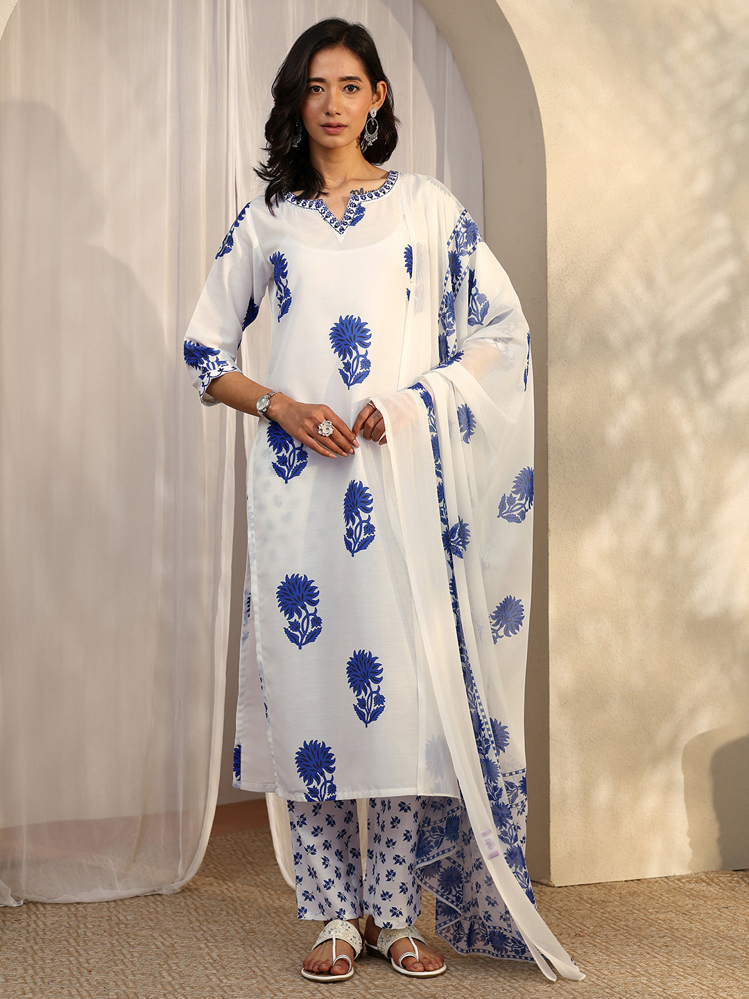 White Printed Silk Blend Straight Suit Set With Dupatta