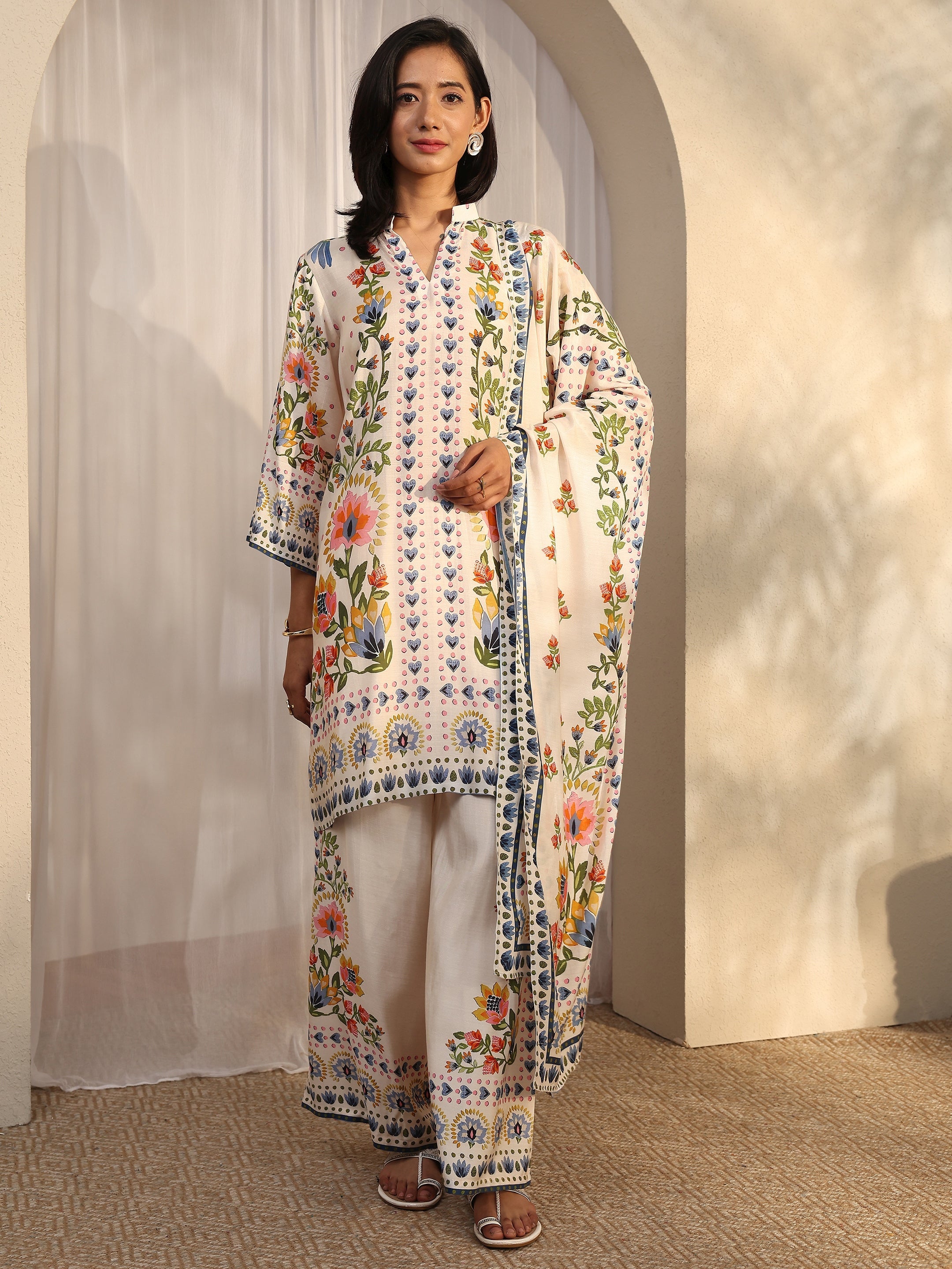 libas Off White Printed Muslin Straight Suit Set With Dupatta-picture-65