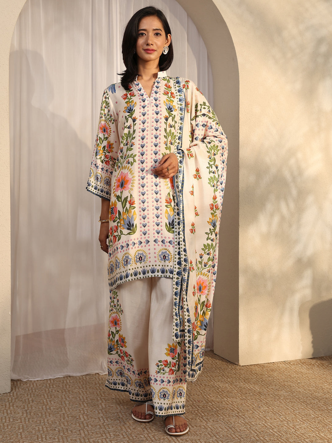 Off White Printed Muslin Straight Suit Set With Dupatta