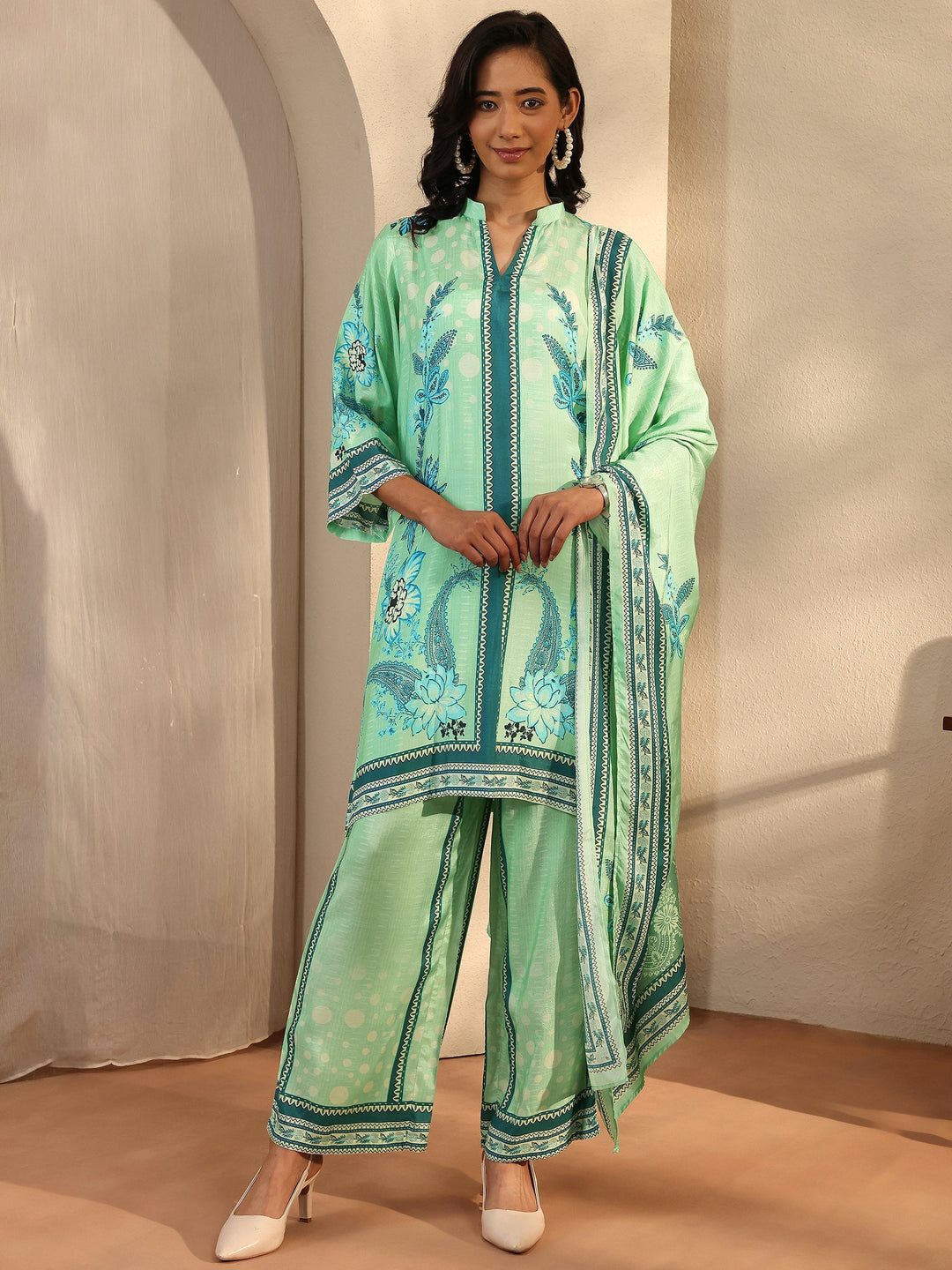  Green Printed Muslin Straight Suit Set With Dupatta 