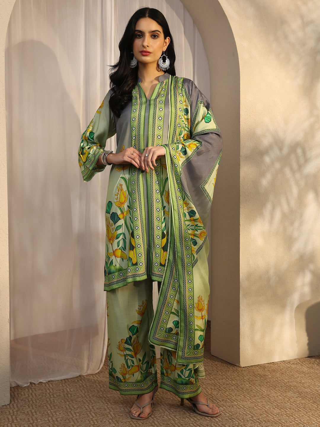 Green Printed Muslin Straight Suit Set With Dupatta