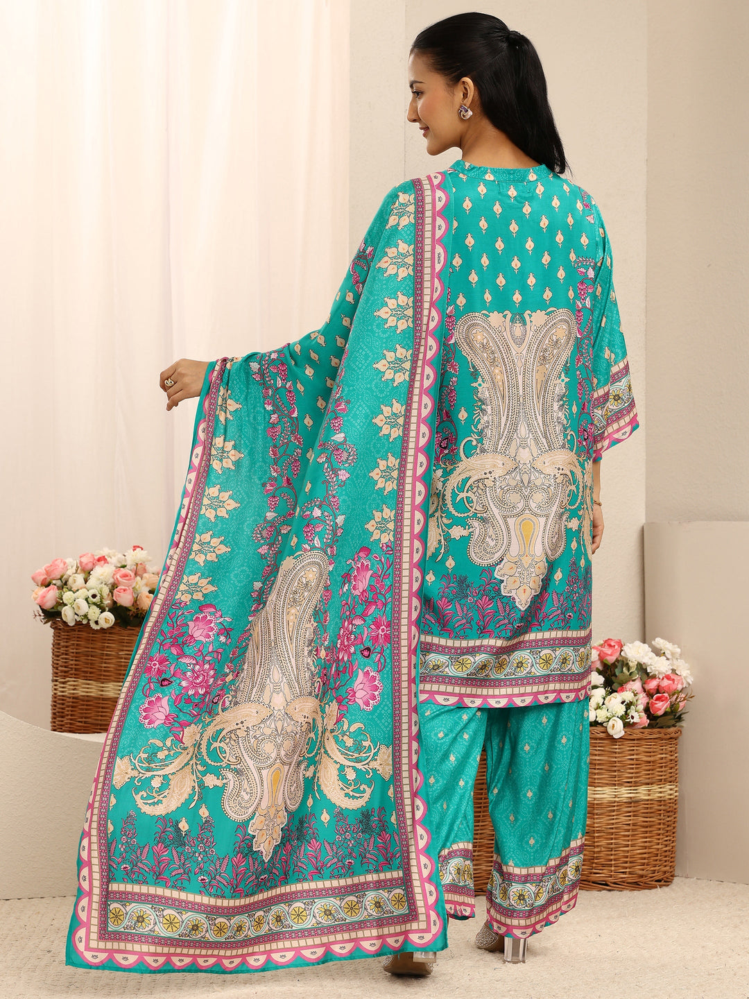  Blue Ethnic Printed Muslin Straight Suit Set With Dupatta 
