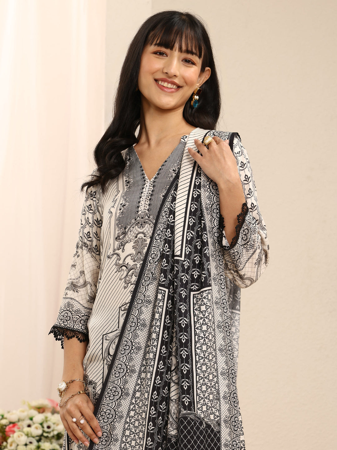  White Ethnic Printed Muslin Straight Suit Set With Dupatta 