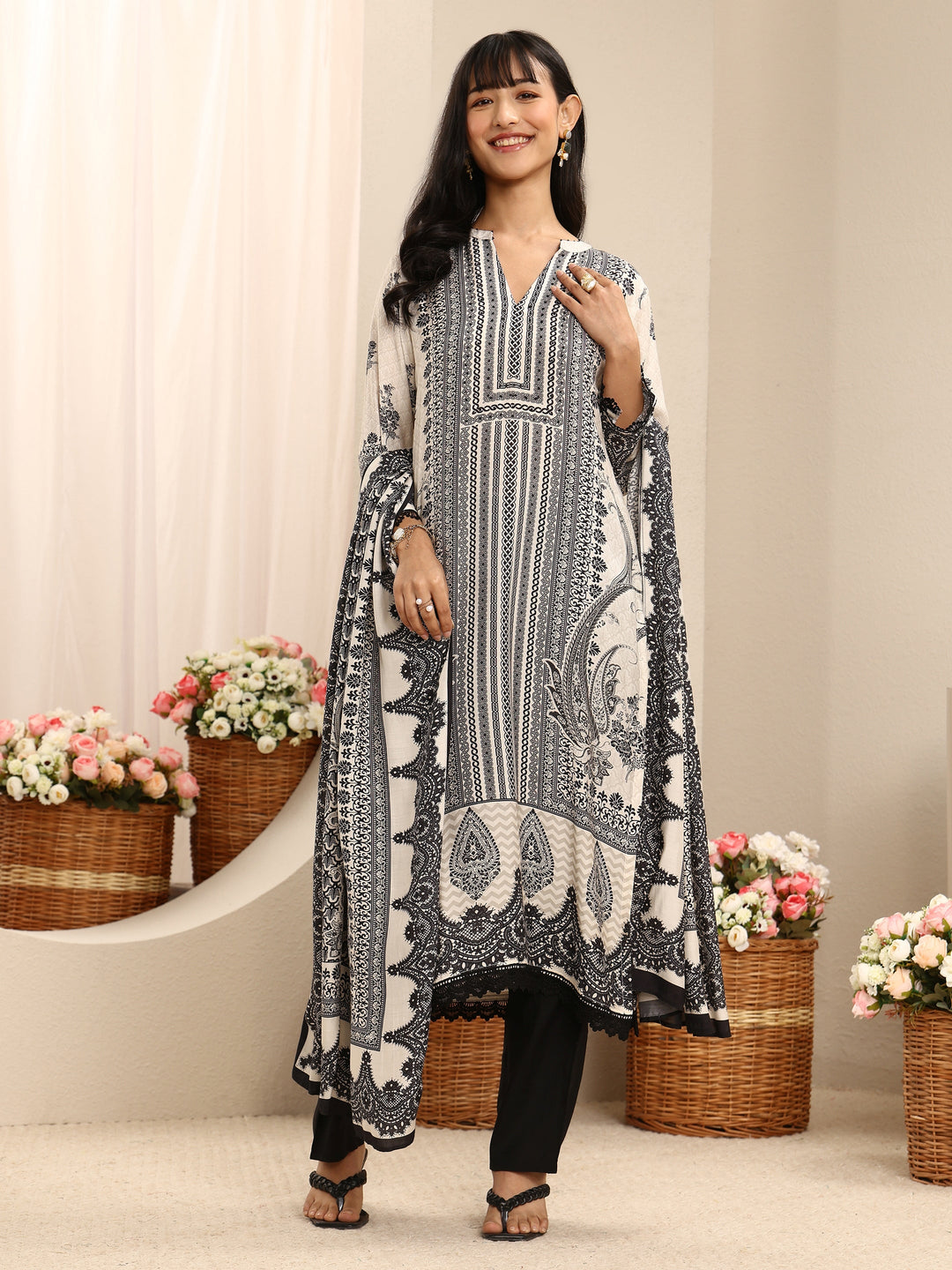  White Ethnic Printed Muslin Straight Suit Set With Dupatta 