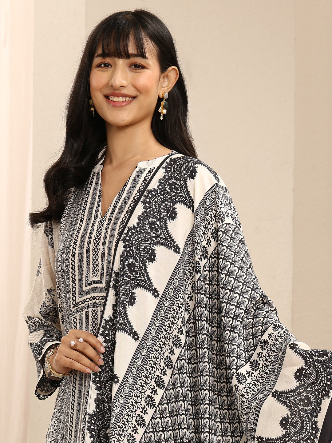  White Ethnic Printed Muslin Straight Suit Set With Dupatta 
