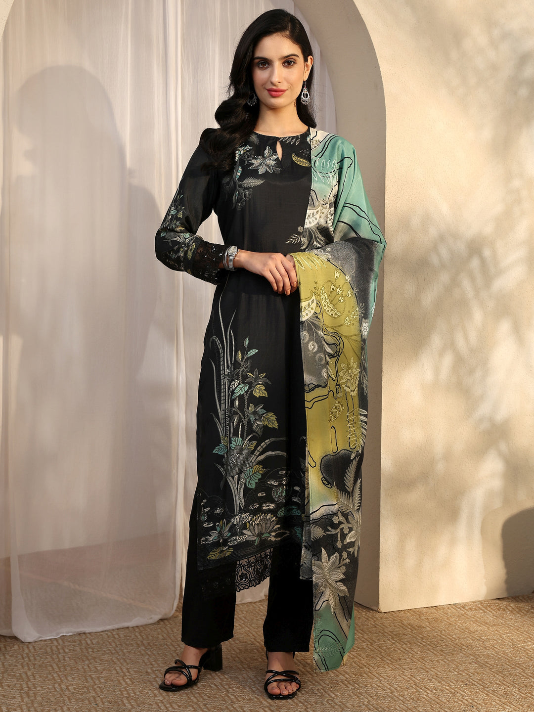  Black Printed Muslin Straight Suit Set With Dupatta 