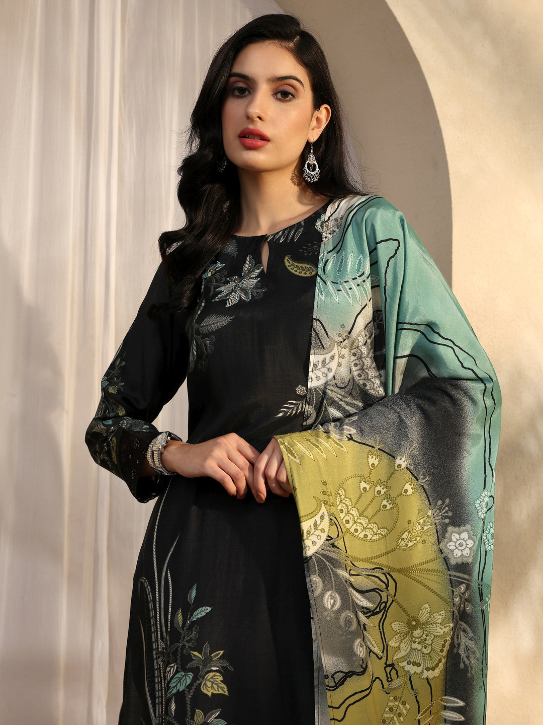  Black Printed Muslin Straight Suit Set With Dupatta 