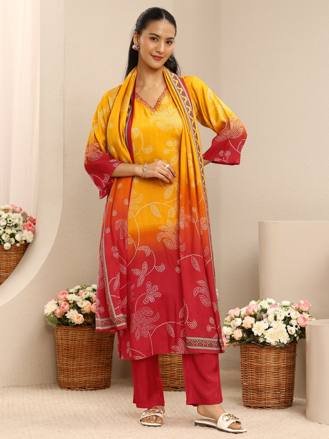  Mustard Floral Printed Muslin Straight Suit Set With Dupatta 
