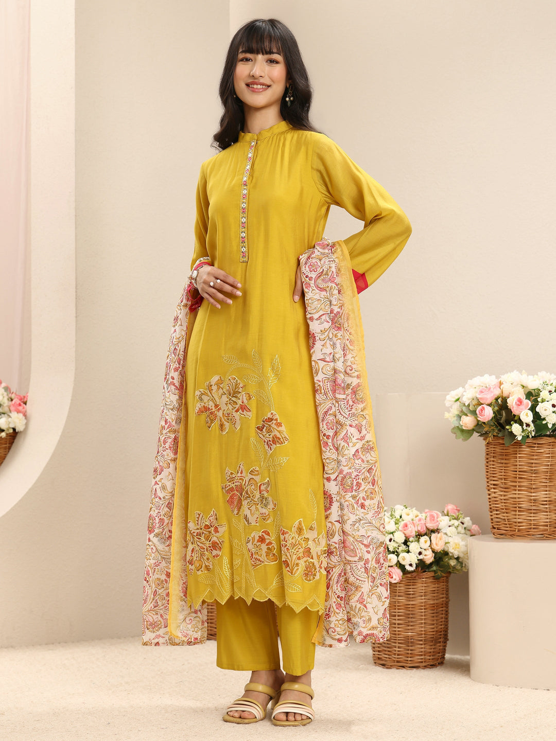  Yellow Floral Embroidered Chanderi Cotton Straight Suit Set With Dupatta 