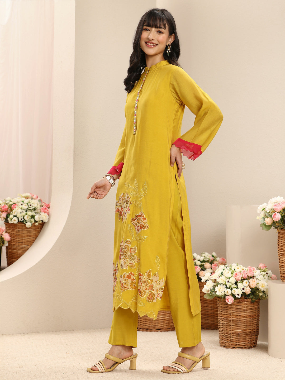  Yellow Floral Embroidered Chanderi Cotton Straight Suit Set With Dupatta 