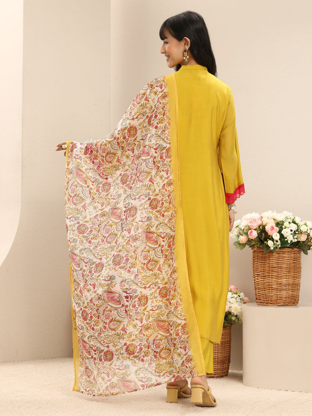  Yellow Floral Embroidered Chanderi Cotton Straight Suit Set With Dupatta 