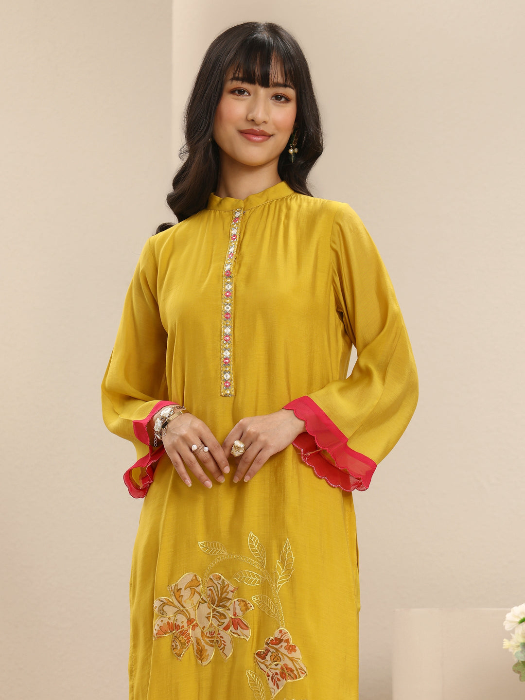 Yellow Floral Embroidered Chanderi Cotton Straight Suit Set With Dupatta 