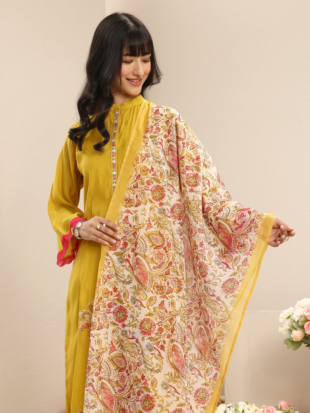 Yellow Floral Embroidered Chanderi Cotton Straight Suit Set With Dupatta 