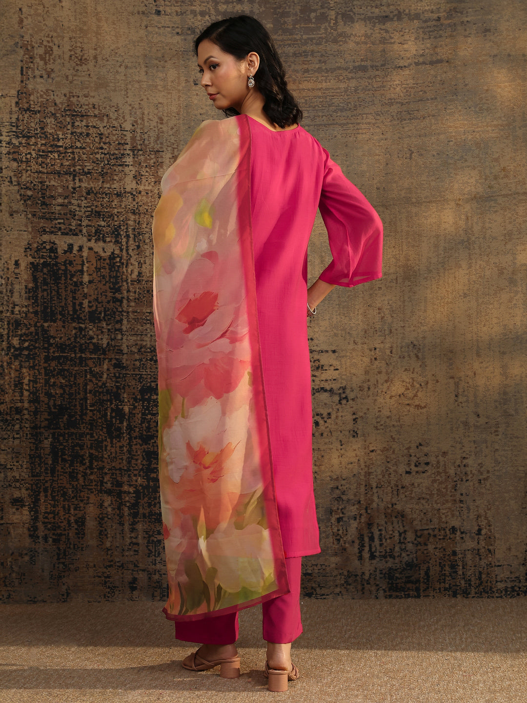  Pink Embroidered Chanderi Cotton Straight Suit Set With Dupatta 