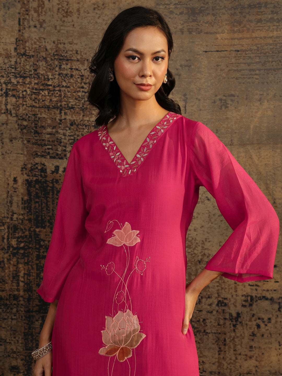  Pink Embroidered Chanderi Cotton Straight Suit Set With Dupatta 