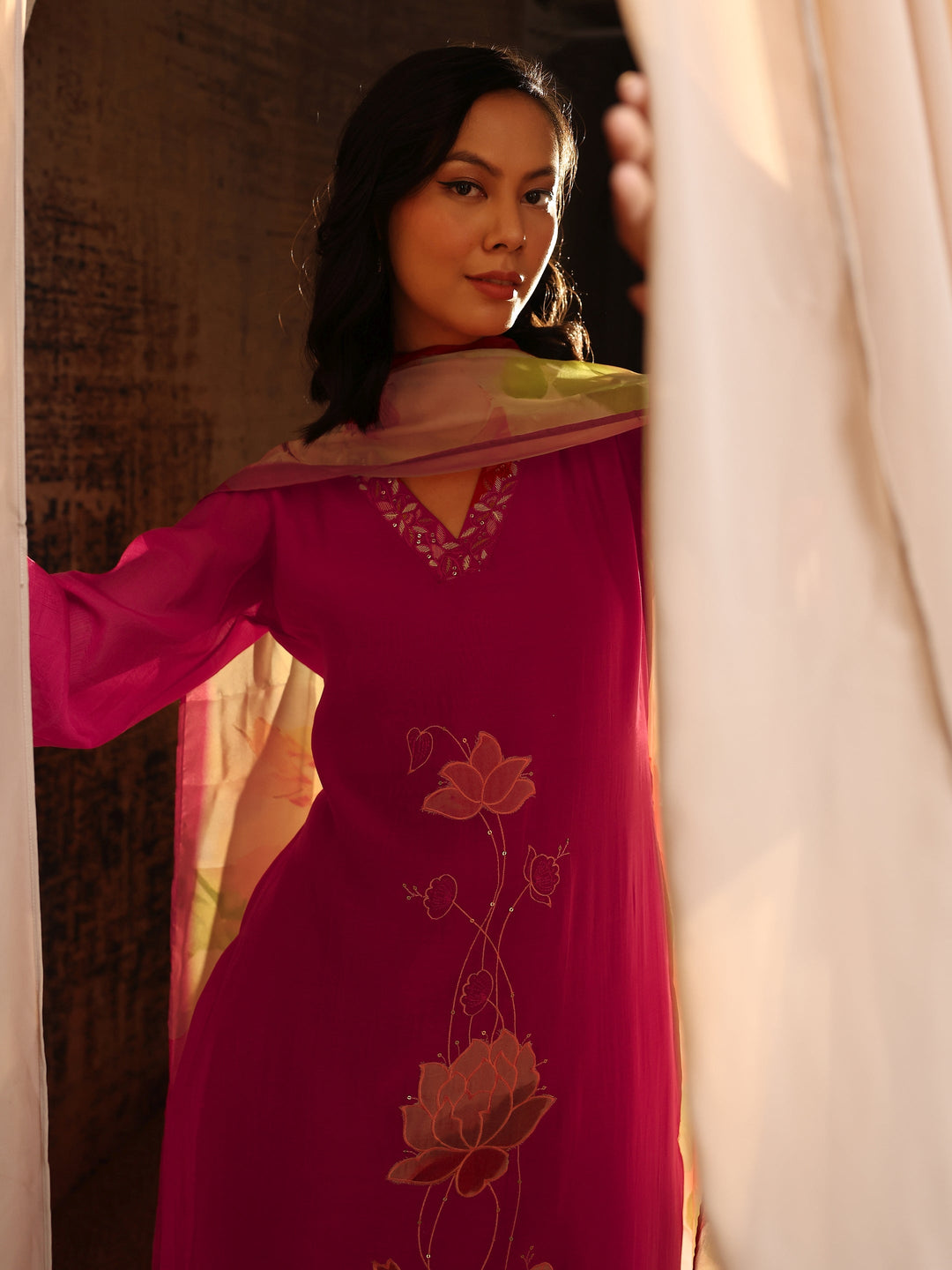  Pink Embroidered Chanderi Cotton Straight Suit Set With Dupatta 