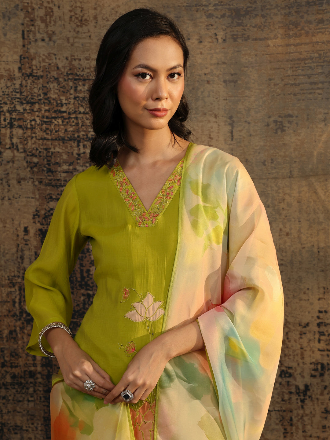  Green Printed Chanderi Cotton Straight Suit Set With Dupatta 