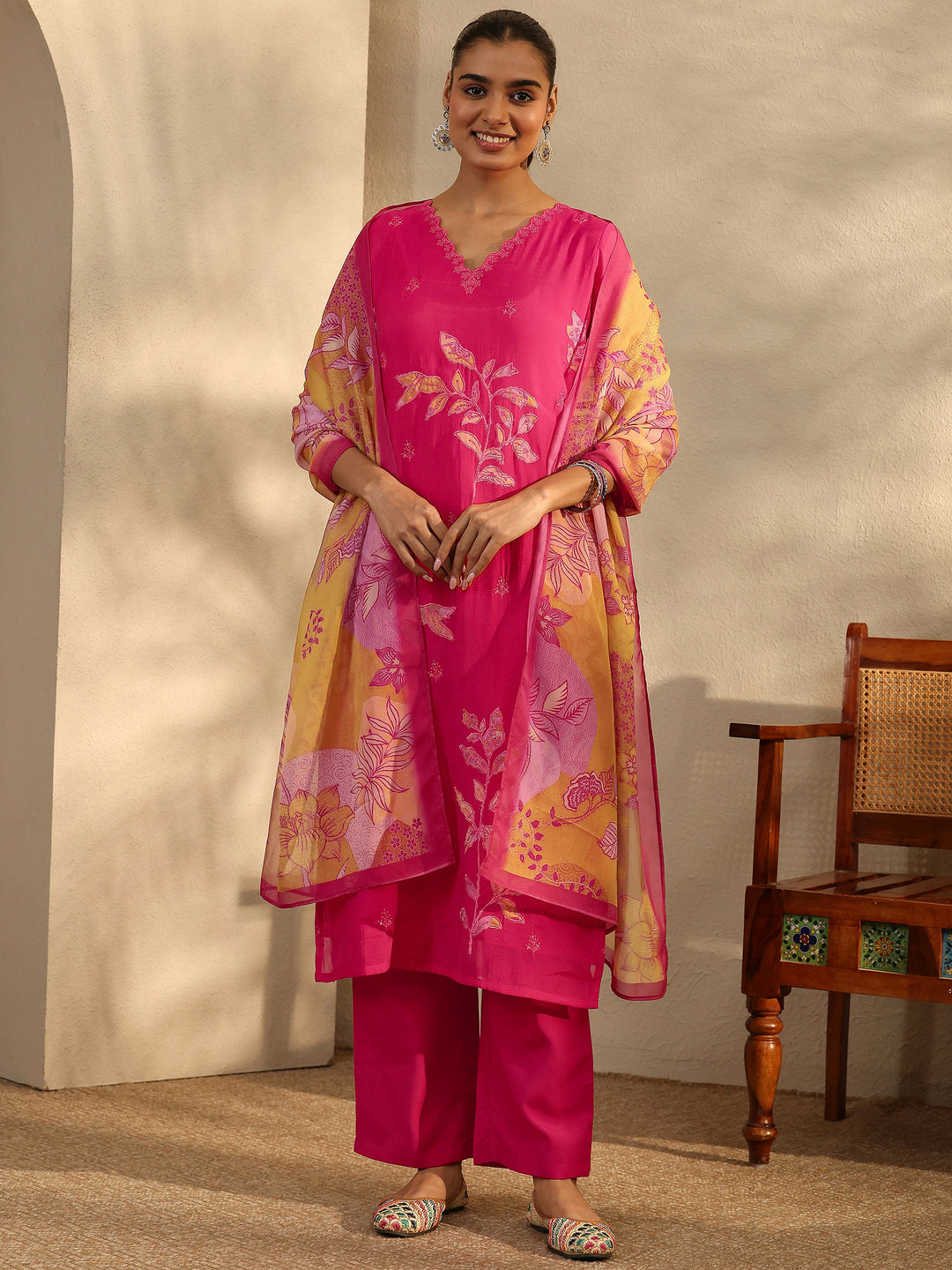  Pink Embroidered Chanderi Cotton Straight Suit Set With Dupatta 
