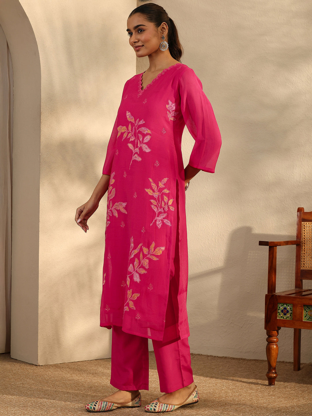  Pink Embroidered Chanderi Cotton Straight Suit Set With Dupatta 