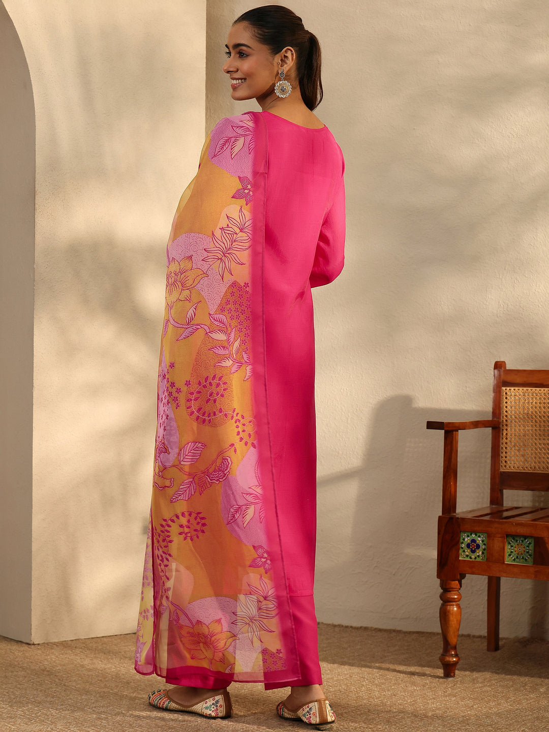  Pink Embroidered Chanderi Cotton Straight Suit Set With Dupatta 