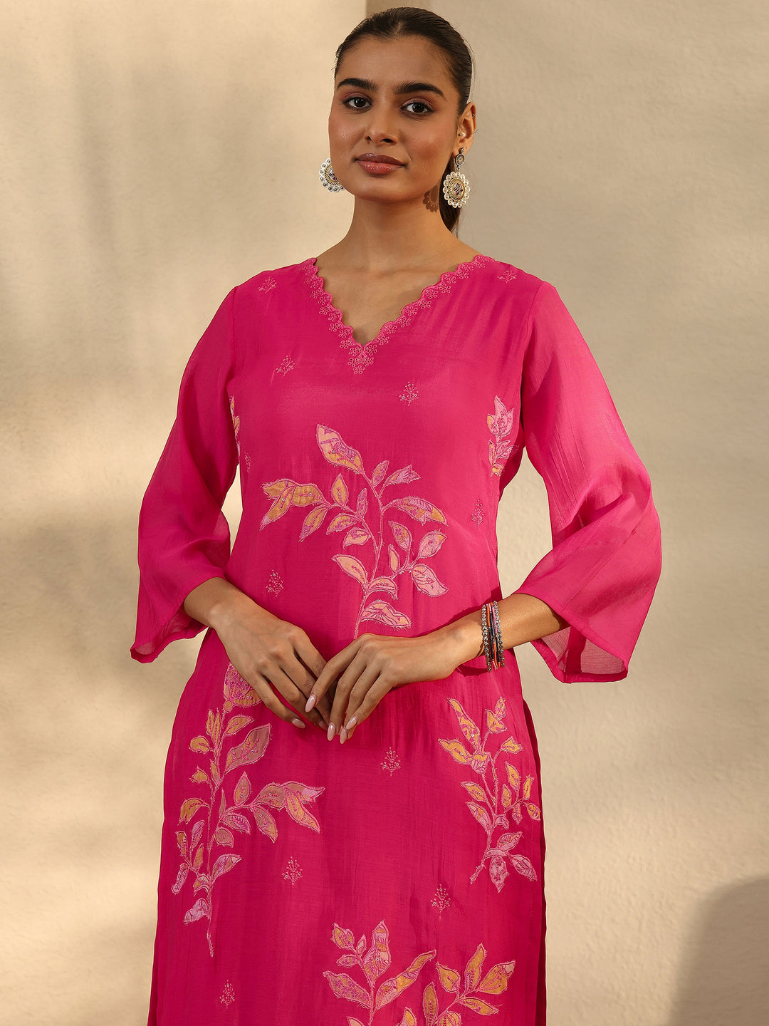  Pink Embroidered Chanderi Cotton Straight Suit Set With Dupatta 