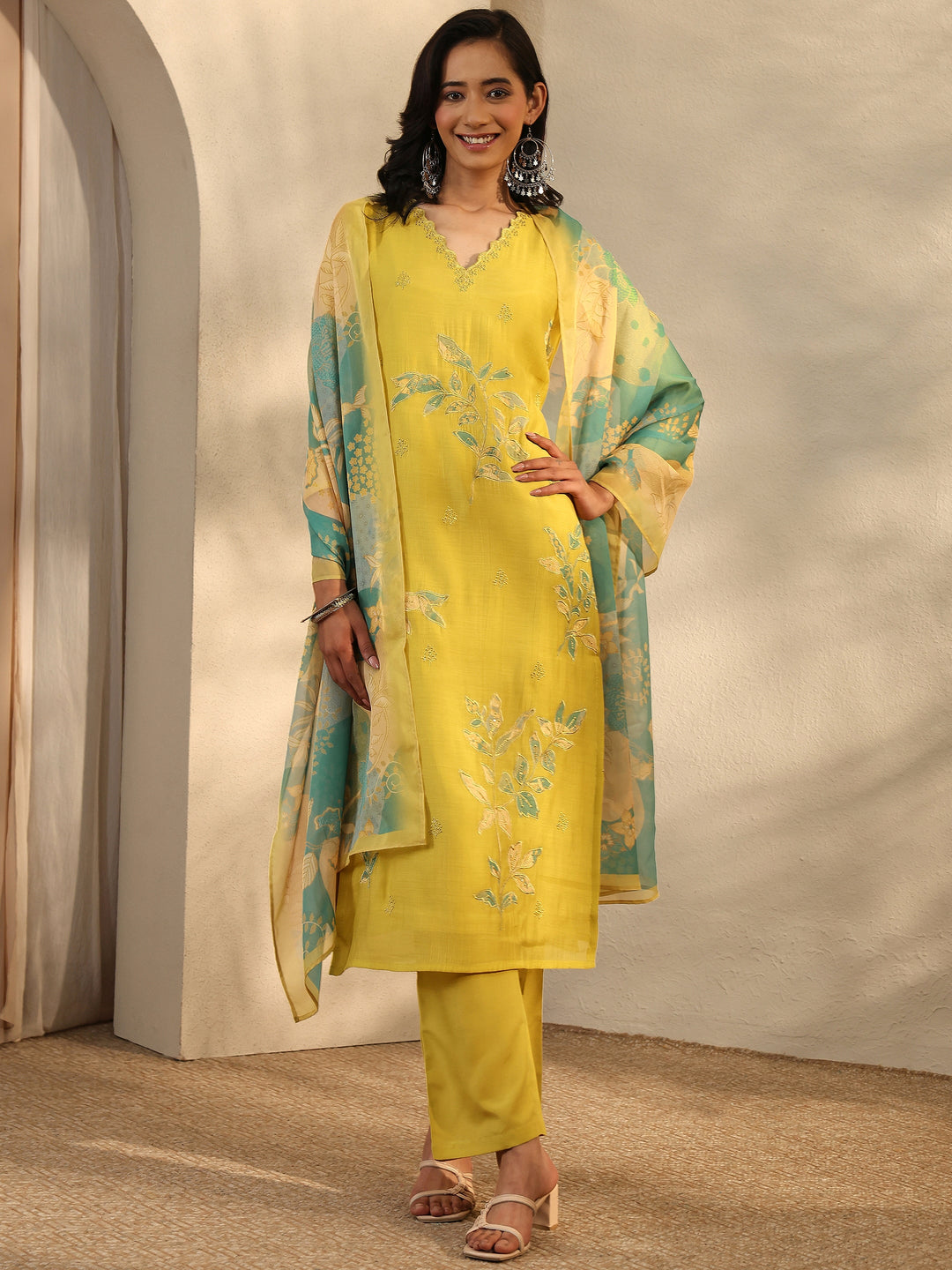  Green Embroidered Chanderi Cotton Straight Suit Set With Dupatta 
