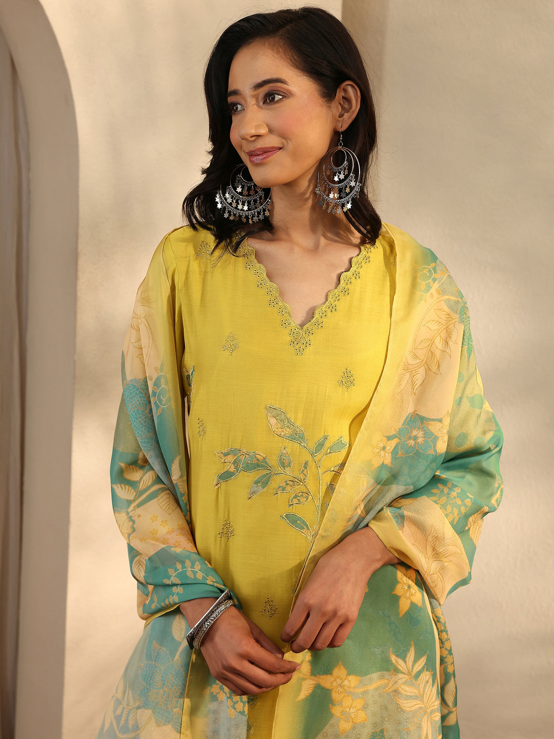  Green Embroidered Chanderi Cotton Straight Suit Set With Dupatta 