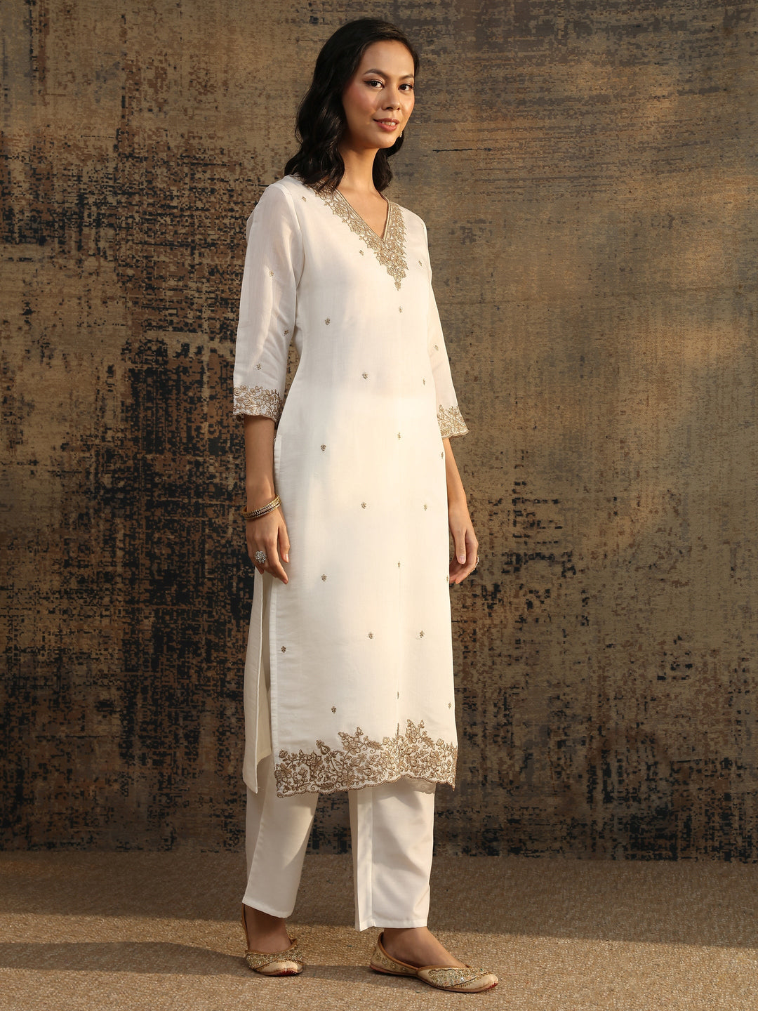  White Embroidered Chanderi Cotton Straight Suit Set With Dupatta 