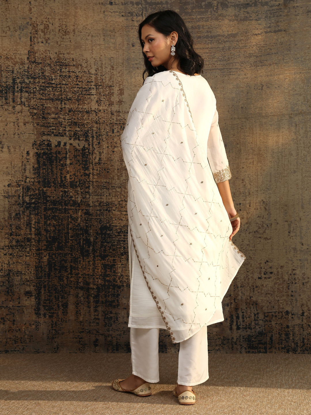  White Embroidered Chanderi Cotton Straight Suit Set With Dupatta 